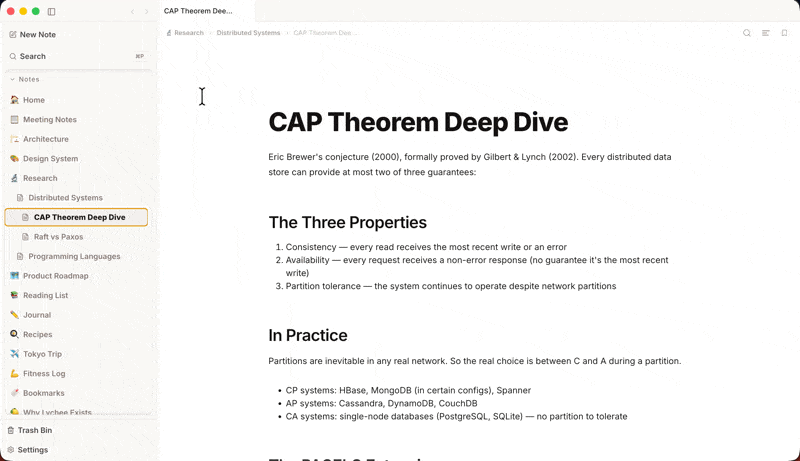 The sidebar collapsing to leave a clean, full-bleed writing surface.