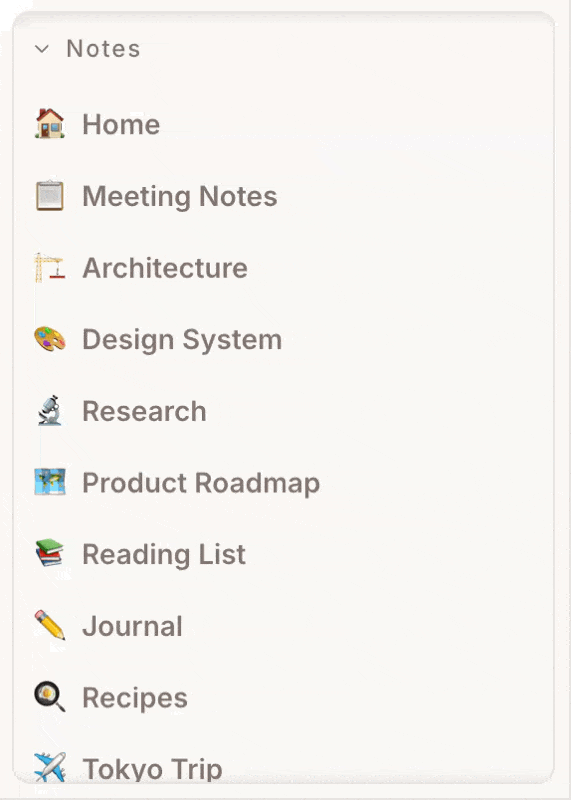 A note being dragged in the sidebar to reorder and nest under another note.